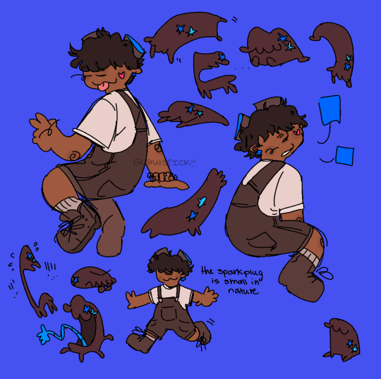 Three flat, fullbody drawings of a humanization of the op's oc Sparkplug on a blue background. They are a fat, dark-skinned child, with short dark brown hair that covers their eyes. They are wearing a pair of brown overalls, a cream-colored shirt, brown boots, and blue star earrings, and have a pair of goggles on top of their head. They also have a pink heart painted onto their left cheek. In the first drawing, they are sat on an invisible platform facing away from the viewer and are looking over their shoulder towards the viewer. They have a hand raised in a wave and are smiling. The second drawing shows them in a similar pose to the first but they are flipped in the opposite direction and have both hands down. They are talking to the viewer while looking over their shoulder. The third drawing is of them walking with both arms outstretched. Next to that drawing is a note that says 'The Sparkplug is small in nature''. In the empty spaces of the drawing are various doodles of Sparkplug's original design, an expressive brown cube with two star stickers on it.