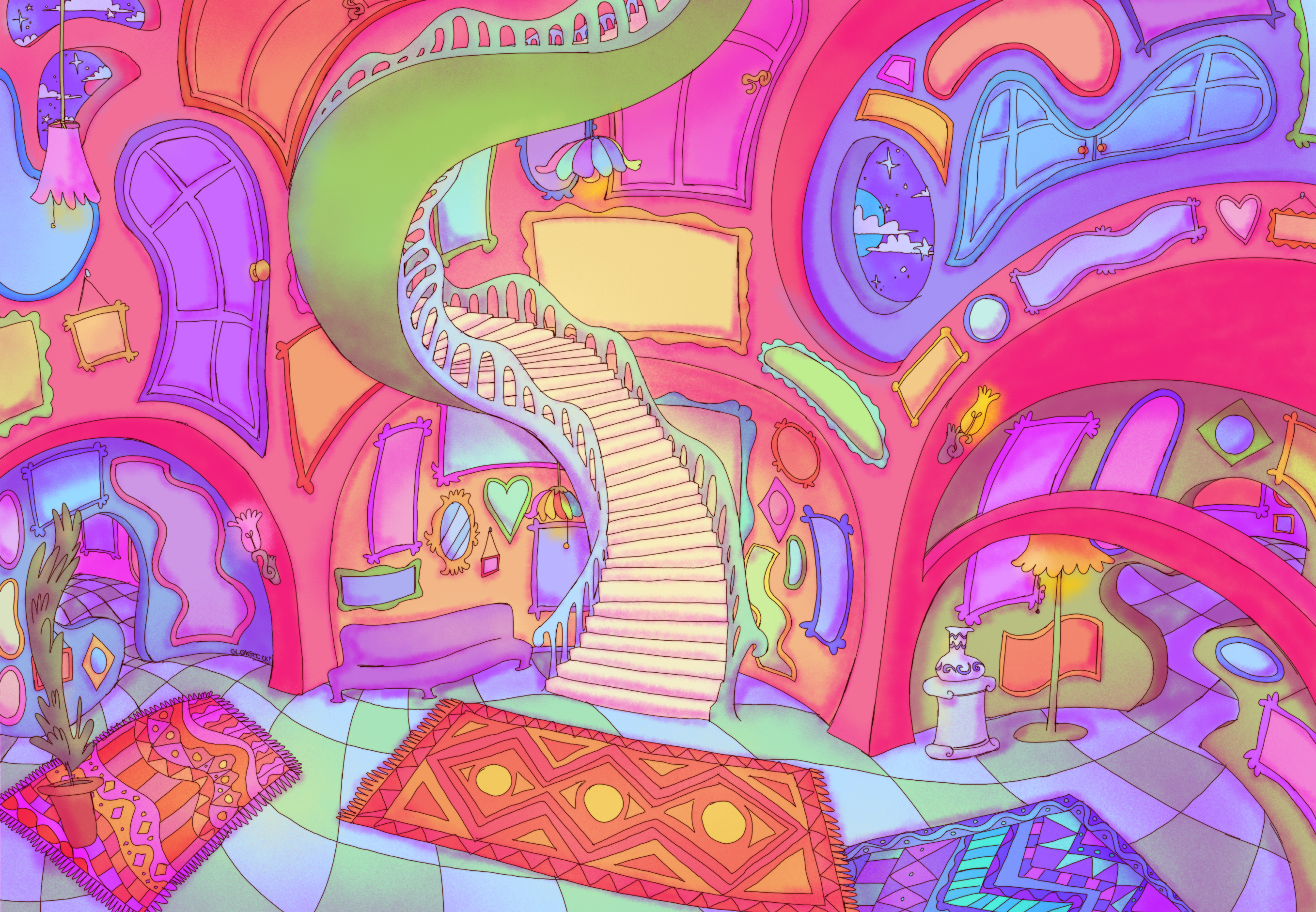 A drawing depicting a colorful and warped interior of a building. There are paintings covering the walls from floor to ceiling, and outer space can be seen outside the windows. There is a door on the left, a door on the right, and a staircase in the center.