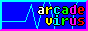 A neon blue button with a cyan heartmonitor line in the background that says 'arcade virus' in pixel text.