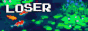 A button of a rainbow hue-shifting pixel art landscape of a koi pond. The text says 'Loser on Neocities' and is animated to wiggle.