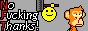 A button that says 'No Fucking Thanks!' with the first letters in the phrase highlighted in red to spell out 'NFT'. There is a pixel animation of a smiley beating an NFT monkey over the head with a wooden mallet.