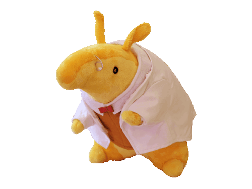 A transparent gif of a handmade anteater plushie doing a turn around. He is bright yellow and wearing glasses, a lab coat, a sweatervest, and a bow tie.