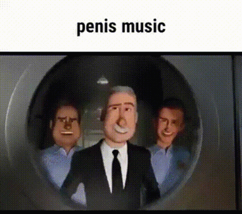A sped-up gif from the end credits of Megamind, where Hal is dancing in jail. The top is captioned 'penis music'.
