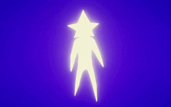 A gif of a 3D model of a humanoid figure with a star-shaped head. Their body glows extremely brightly and they are doing the fortnite default dance. The gif has a solid purple background.