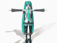 A gif of Hastune Miku spinning while T-posing on a white background. The image has the word 'wow' written in red text on the bottom.