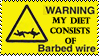 A yellow deviant art stamp that says 'Warning: My diet consists of barbed wire'.