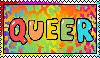 A deviant art stamp with rainbow letter print and rainbow block letters that say 'Queer' in all caps.