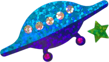 A holographic sticker of a blue flying saucer.