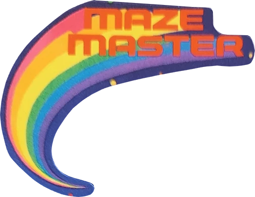 A sticker that says 'Maze Master'. Each letter has a color of the rainbow coming out of it as a shadow, and all of the colors converge into an arc, giving it a curved tail.