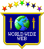A pixel art badge that says 'World Wide Web' with a pixel graphic of a globe.