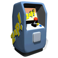 An old web gif of a CGI arcade cabinet displaying the word 'Zap!' on top of bright colors.