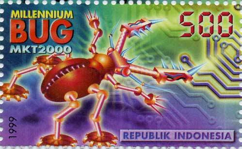 An Indonesian stamp with a futuristic, robotic bug on it, commemorating the Y2K bug.
