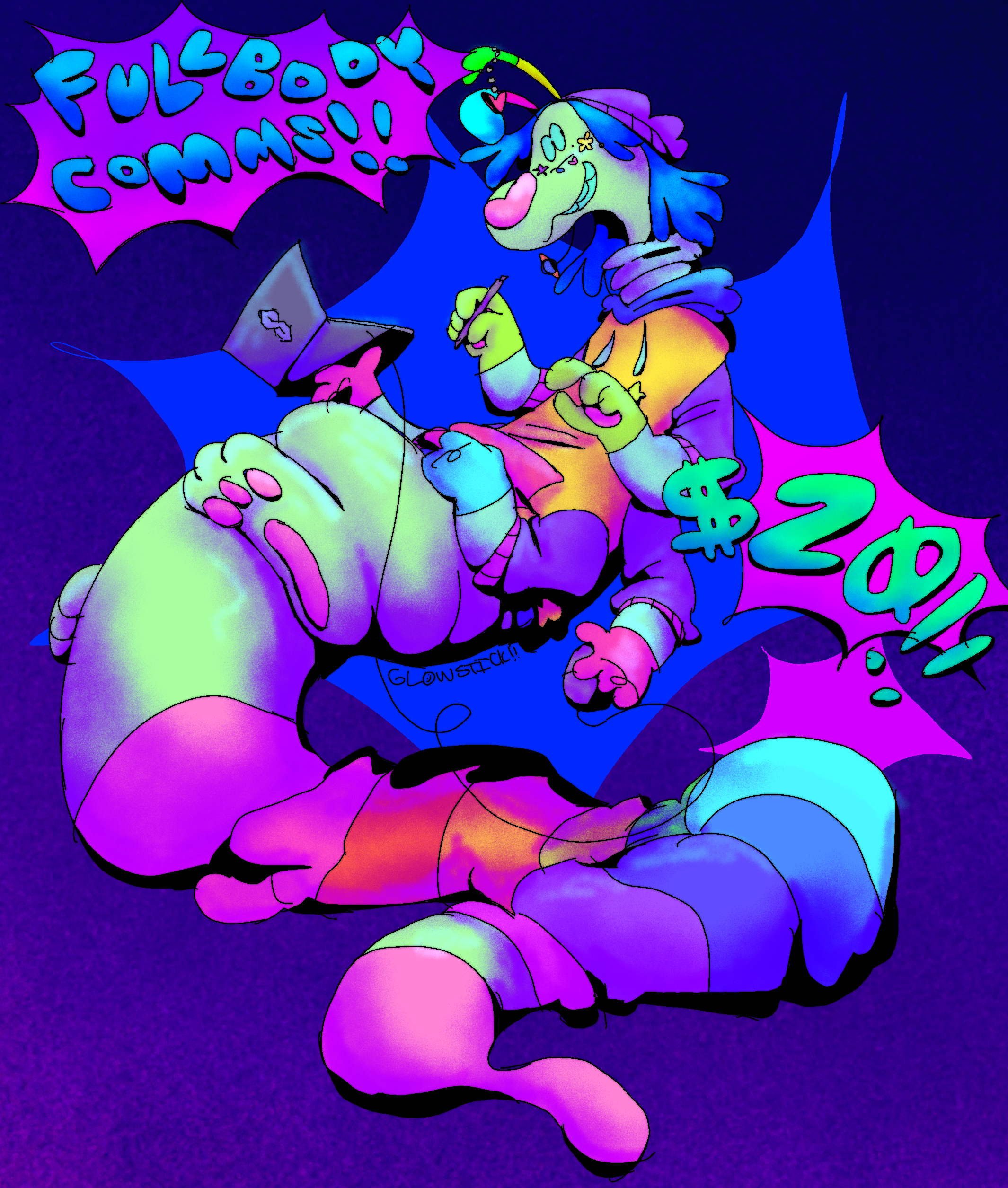 A colorful digital drawing of an anthropomorphic gummy worm character advertising $20 fullbody commissions.