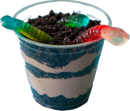 A transparent image of a cup of dirt with gummy worms.
