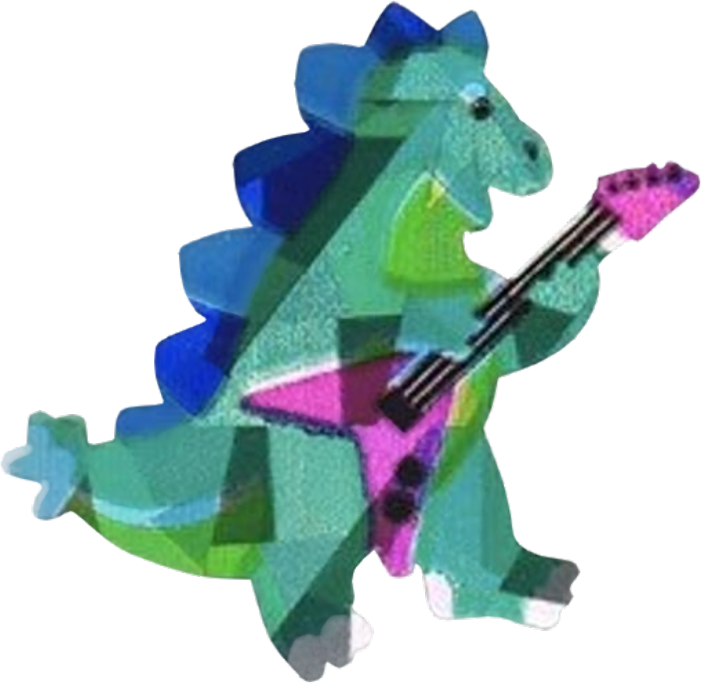 A holographic sticker of a blue dinosaur playing an electric guitar.