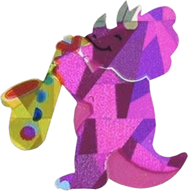A holographic sticker of a purple dinosaur playing saxophone.