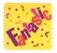 A square yellow sticker that says 'Fantastic' in purple text, decorated with purple confetti.
