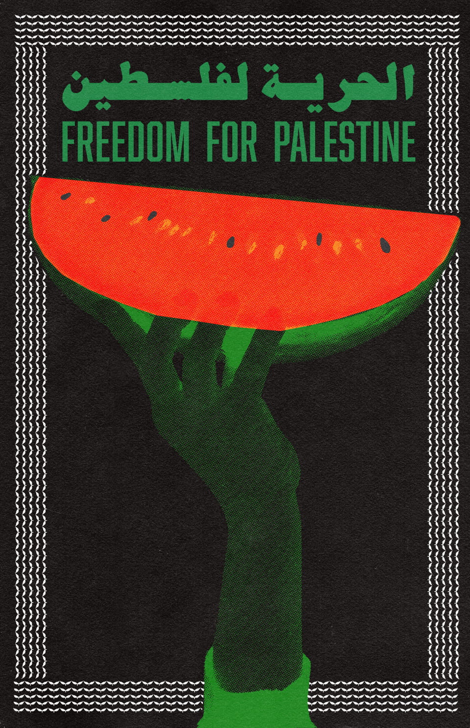 A risograph print of a hand holding up a watermelon that says 'Freedom for Palestine' in both English and Arabic.