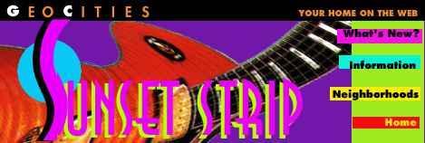 A Geocities header advertising the Sunset Strip. It is colored in mostly purples and greens, and there's a warped graphic of a guitar behind the text.