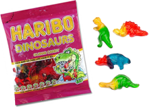 A transparent png of a package of Haribro brand gummy dinos.