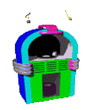 A gif of a bouncing green, blue, and purple jukebox.