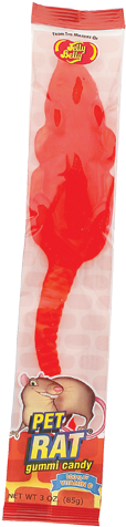 A transparent png of a red Jelly Belly Pet Rat Gummy Candy. It rotates from side to side when you hover over it with your mouse.