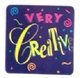 A square purple sticker decorated with confetti-like shapes that says 'Very creative'.