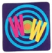 A dark purple square sticker that says 'Wow' in colorful letters. There is a bright cyan ripple in the background.