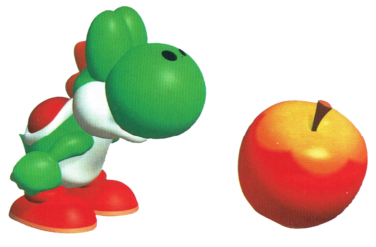 A transparent png of Yoshi, a green cartoon dinosaur, sniffing a red apple.
