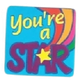 A square, cyan sticker that says 'You're a star'. The hole in the A is filled with a shooting star.